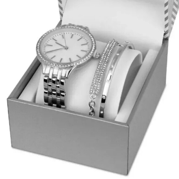 Womens INC International Concepts Silver Tone Rhinestones Watch & Bracelet Set - Picture 2 of 4
